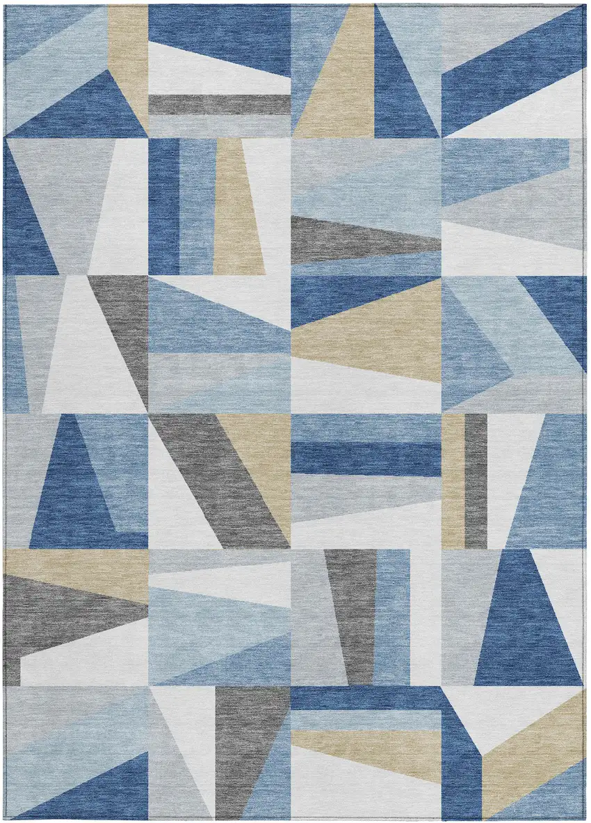 Blue Wheat And Ivory Geometric Washable Indoor Outdoor Area Rug Photo 4