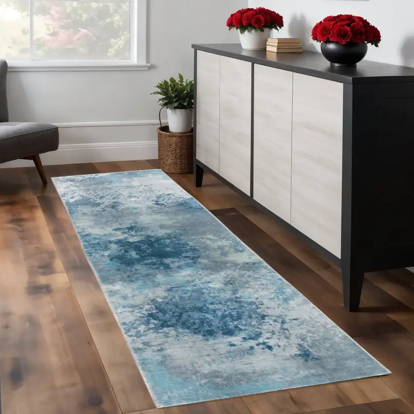 8' Blue And Ivory Abstract Runner Rug Photo 1