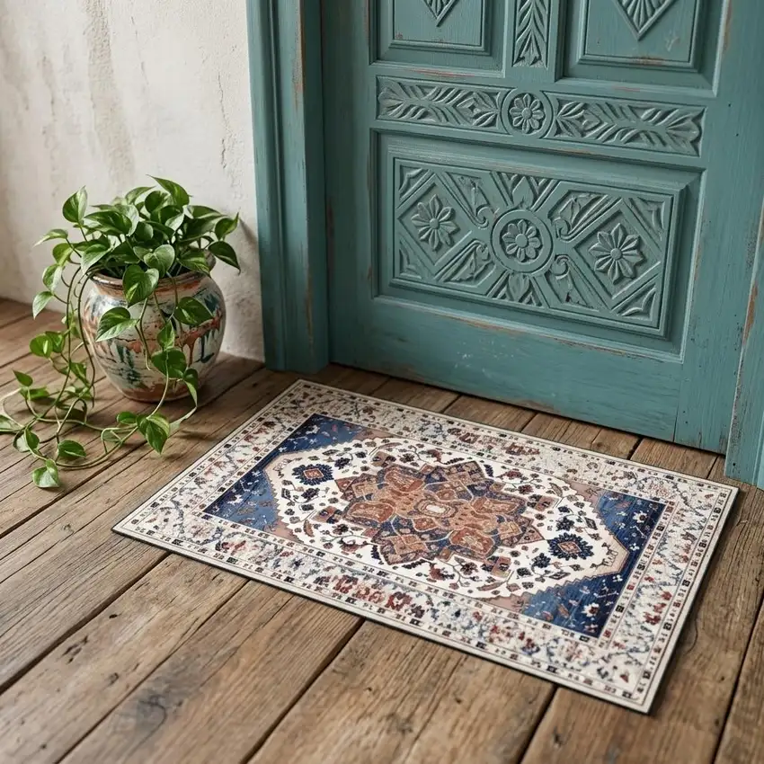 Blue White And Terra Cotta Oriental Washable Area Rug Photo 1