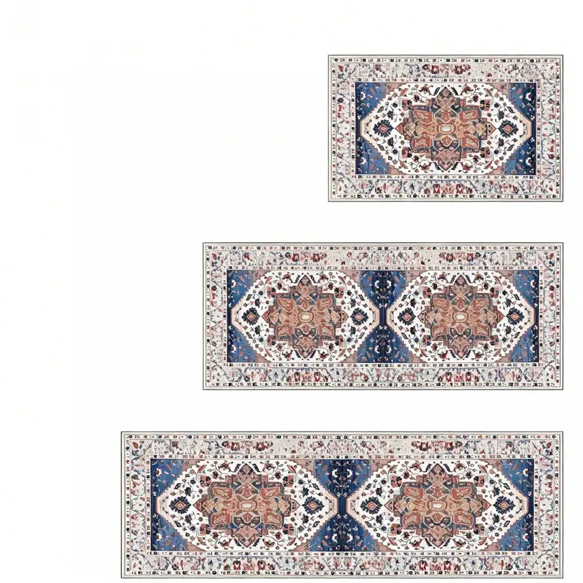 Blue White And Terra Cotta Oriental Washable Area Rug Photo 3