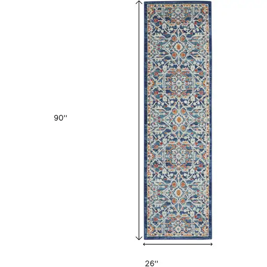 8' Blue And Ivory Floral Runner Rug Photo 3