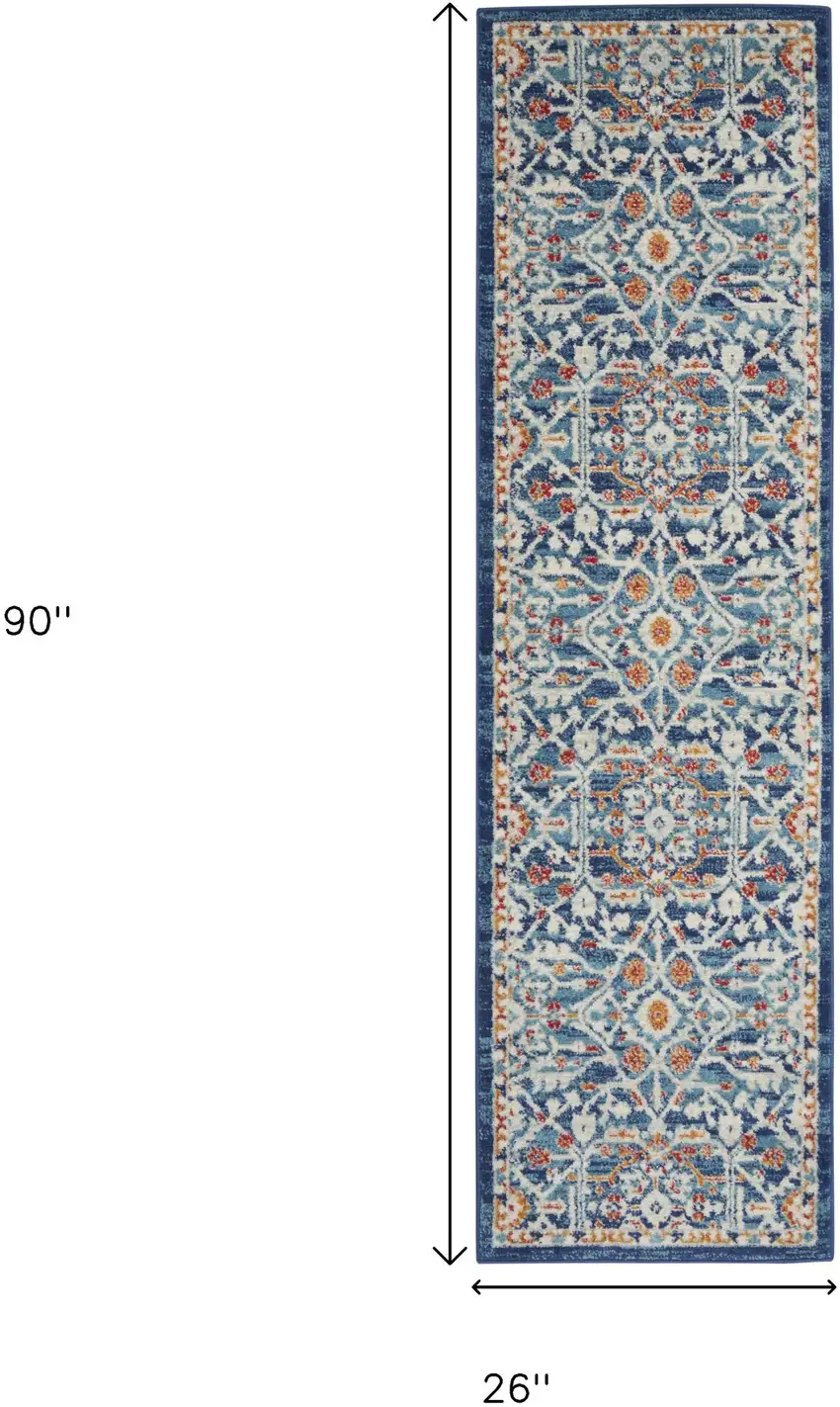 8' Blue And Ivory Floral Runner Rug Photo 3