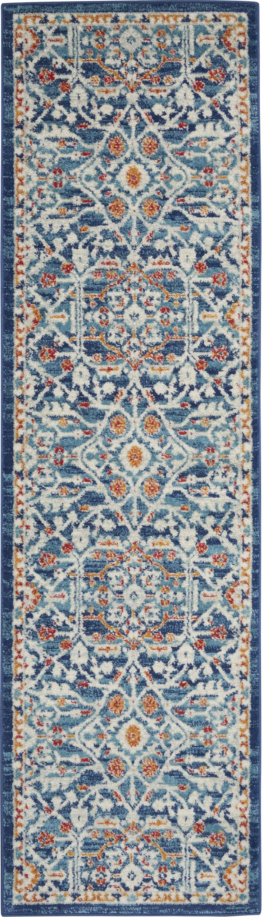 8' Blue And Ivory Floral Power Loom Runner Rug Photo 8