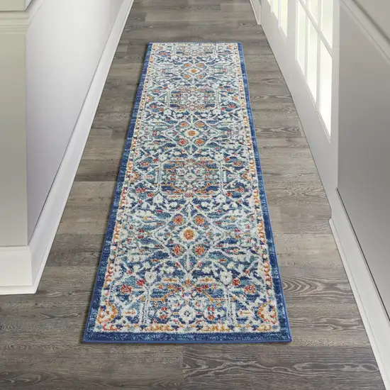 8' Blue And Ivory Floral Runner Rug Photo 4