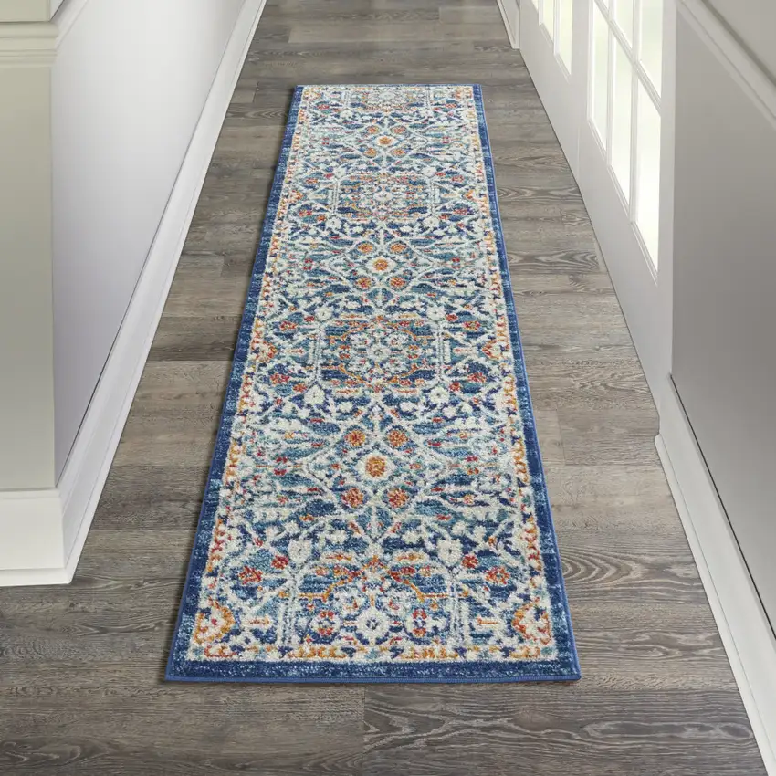 8' Blue And Ivory Floral Runner Rug Photo 4
