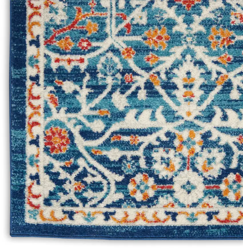 8' Blue And Ivory Floral Runner Rug Photo 8