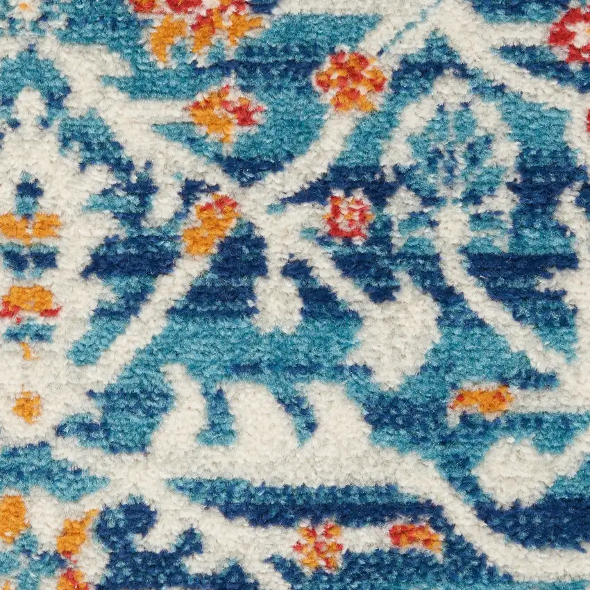8' Blue And Ivory Floral Runner Rug Photo 3