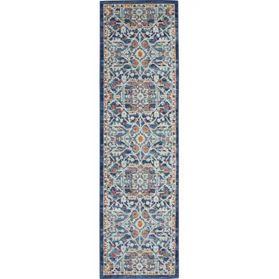8' Blue And Ivory Floral Runner Rug Photo 9