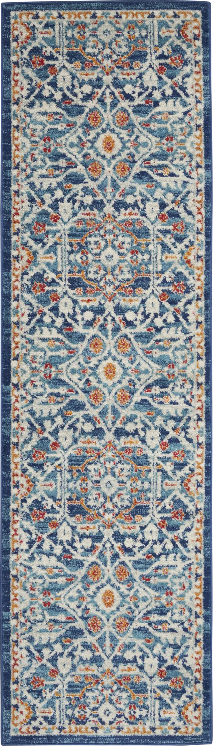 8' Blue And Ivory Floral Runner Rug Photo 9