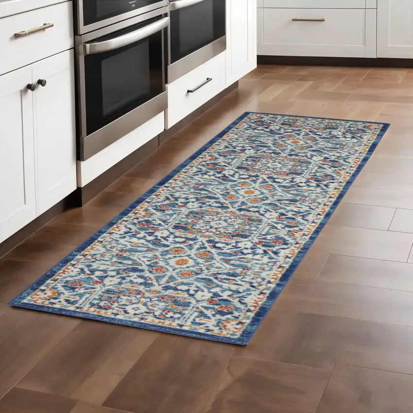 8' Blue And Ivory Floral Runner Rug Photo 2