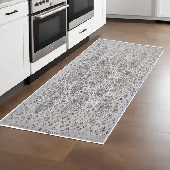 Blue White and Gray Oriental Power Loom Worn Faded Area Rug Photo 1