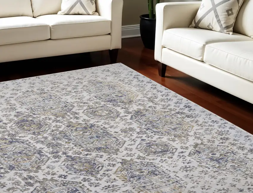 Blue White and Gray Oriental Power Loom Worn Faded Area Rug Photo 1