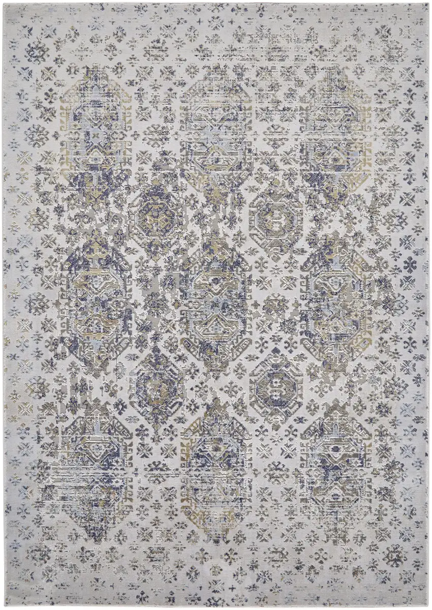 Blue White and Gray Oriental Power Loom Worn Faded Area Rug Photo 4