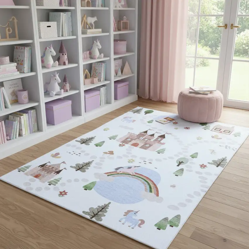 Off White Brown Green And Blue Castle and Rainbow Youthful Area Rug Photo 1