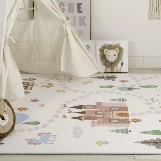 Off White Brown Green And Blue Castle and Rainbow Youthful Area Rug Photo 6