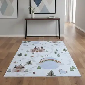 Photo of Blue White and Green Juvenile Castle and Rainbow Youthful Area Rug
