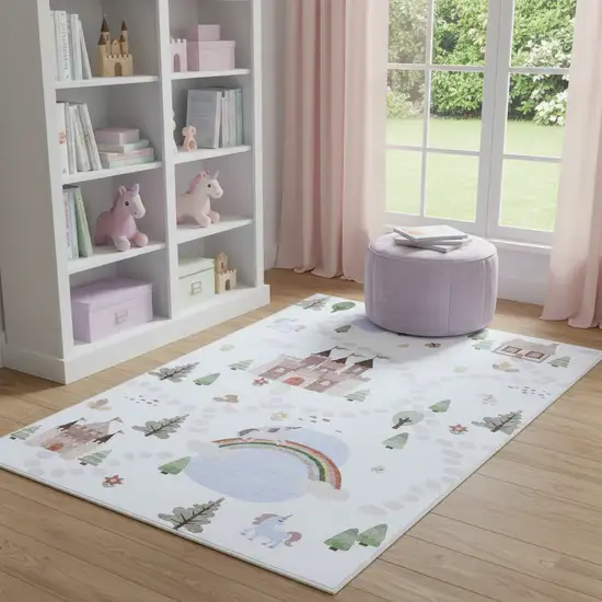 Off White Brown Green And Blue Castle and Rainbow Youthful Area Rug Photo 1