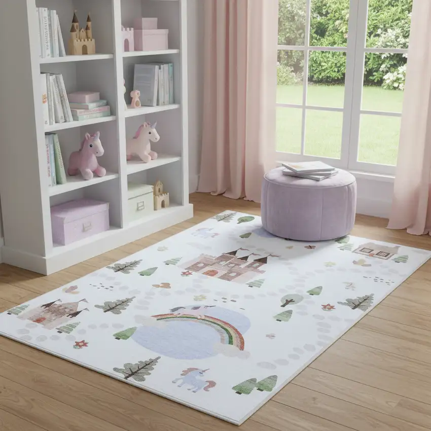 Off White Brown Green And Blue Castle and Rainbow Youthful Area Rug Photo 1