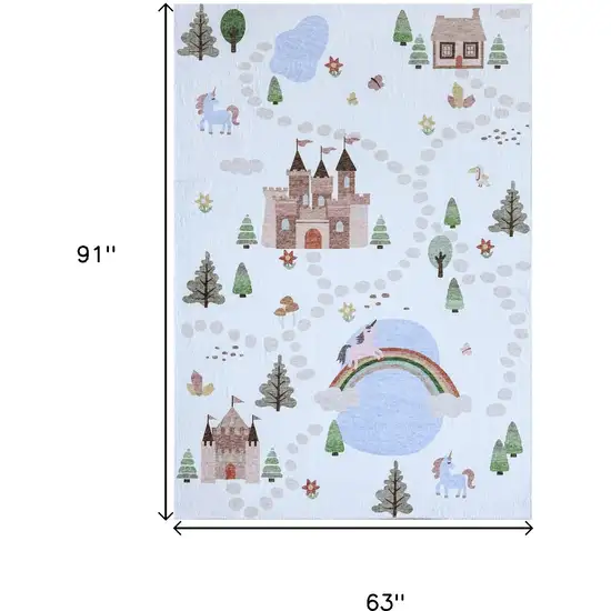 Blue White and Green Juvenile Castle and Rainbow Youthful Area Rug Photo 6