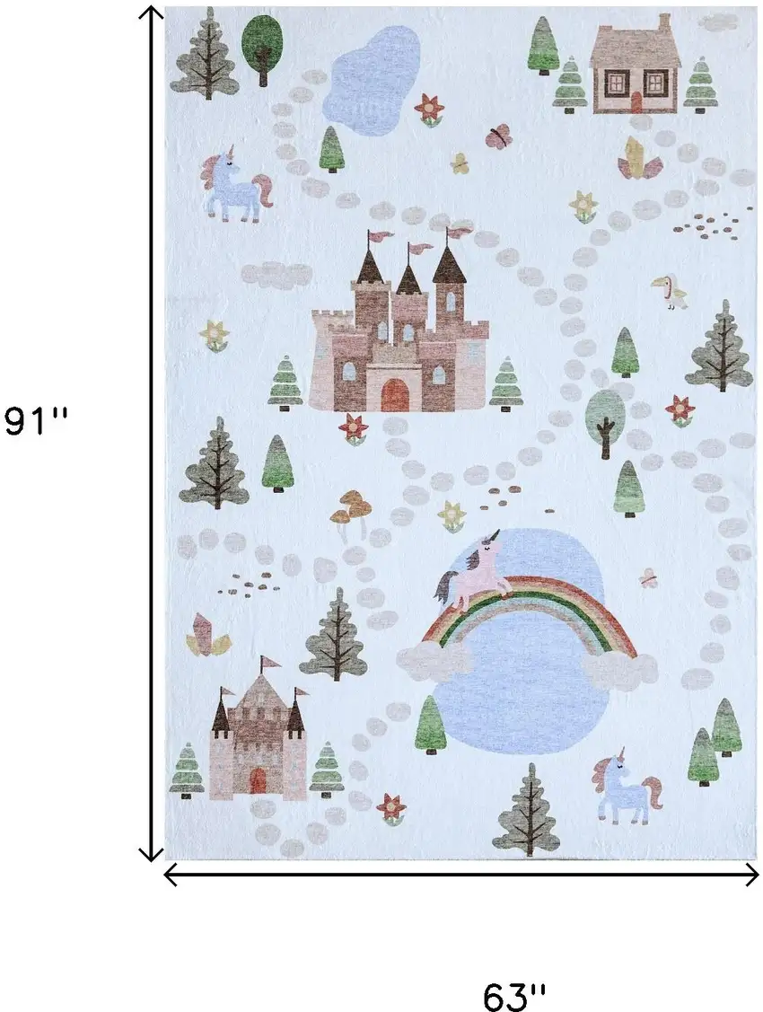 Blue White and Green Juvenile Castle and Rainbow Youthful Area Rug Photo 6