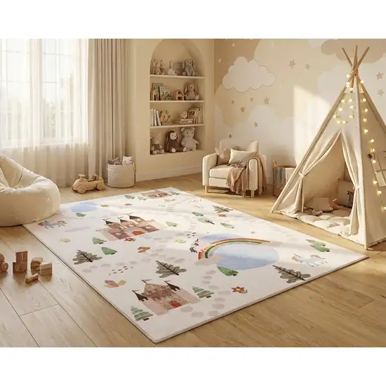 Off White Brown Green And Blue Castle and Rainbow Youthful Area Rug Photo 5