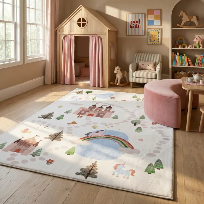 Off White Brown Green And Blue Castle and Rainbow Youthful Area Rug Photo 6