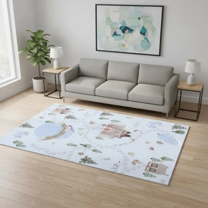 Blue White and Green Juvenile Castle and Rainbow Youthful Area Rug Photo 2