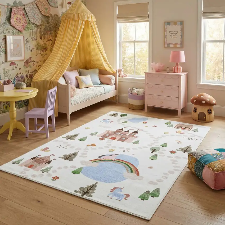 Off White Brown Green And Blue Castle and Rainbow Youthful Area Rug Photo 5