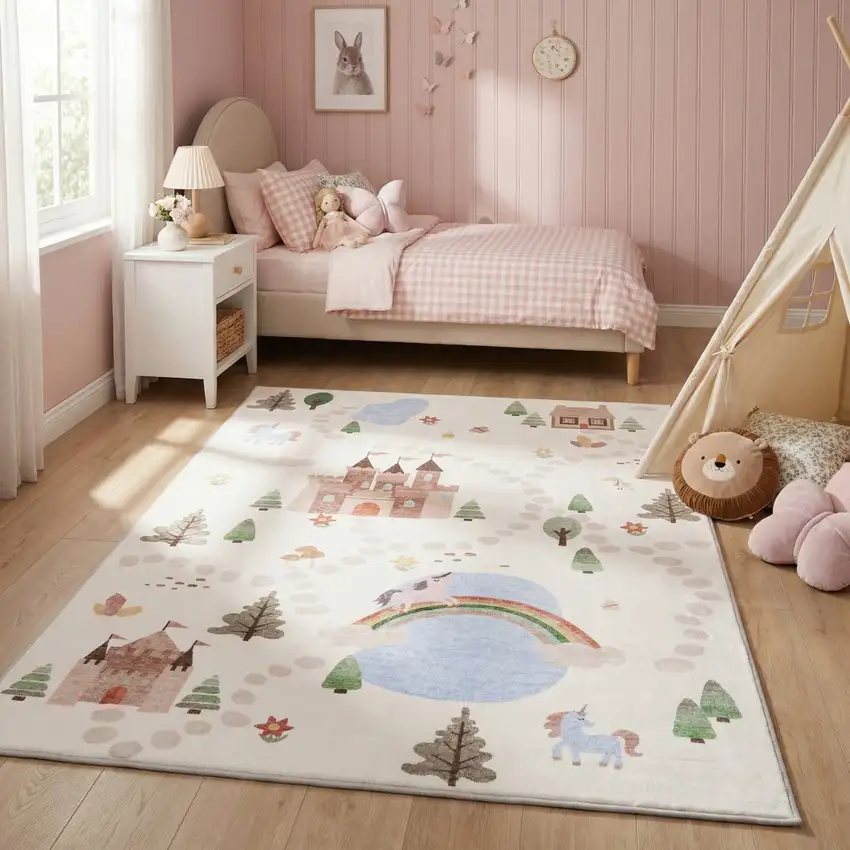Off White Brown Green And Blue Castle and Rainbow Youthful Area Rug Photo 6