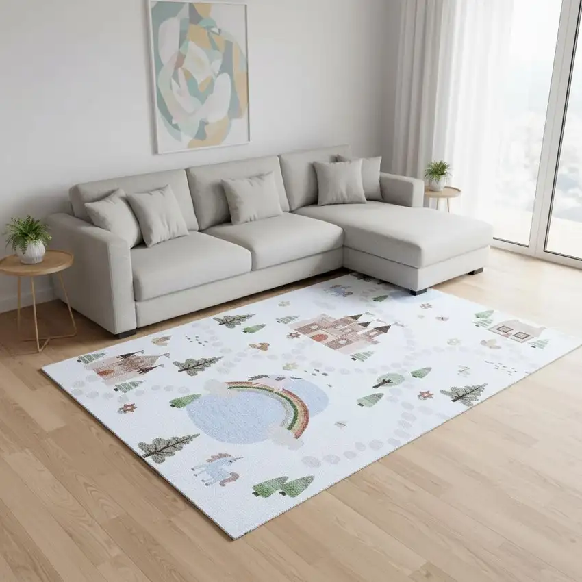 Blue White and Green Juvenile Castle and Rainbow Youthful Area Rug Photo 2