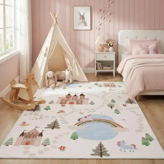 Off White Brown Green And Blue Castle and Rainbow Youthful Area Rug Photo 8