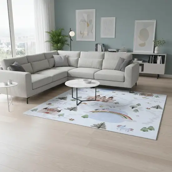 Blue White and Green Juvenile Castle and Rainbow Youthful Area Rug Photo 2