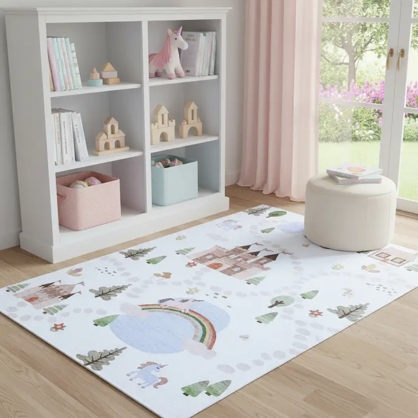 Off White Brown Green And Blue Castle and Rainbow Youthful Area Rug Photo 1