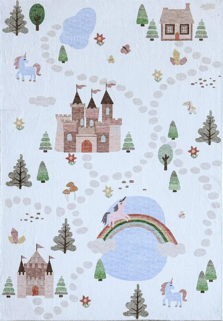 Off White Brown Green And Blue Castle and Rainbow Youthful Area Rug Photo 4