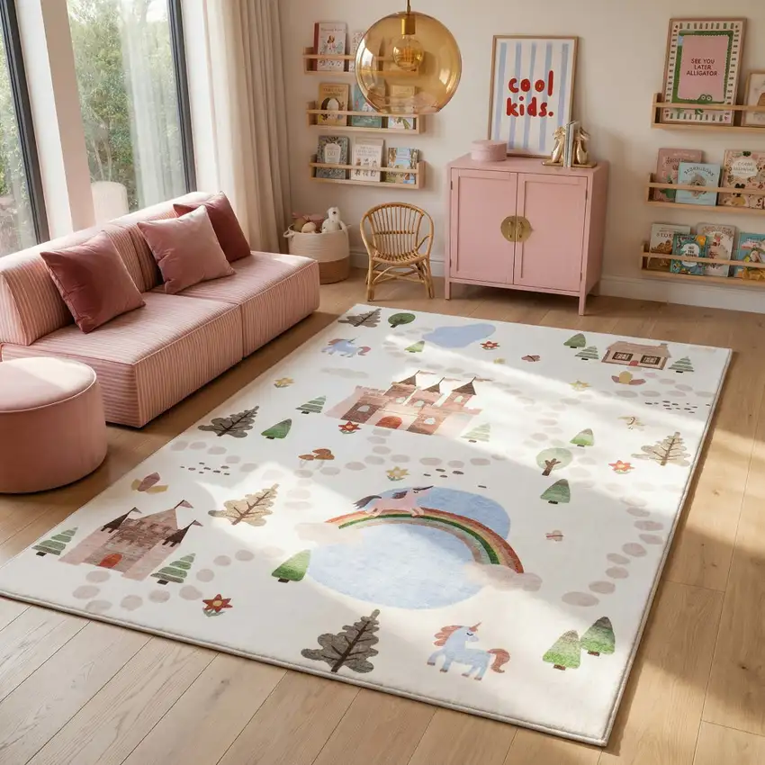 Off White Brown Green And Blue Castle and Rainbow Youthful Area Rug Photo 7
