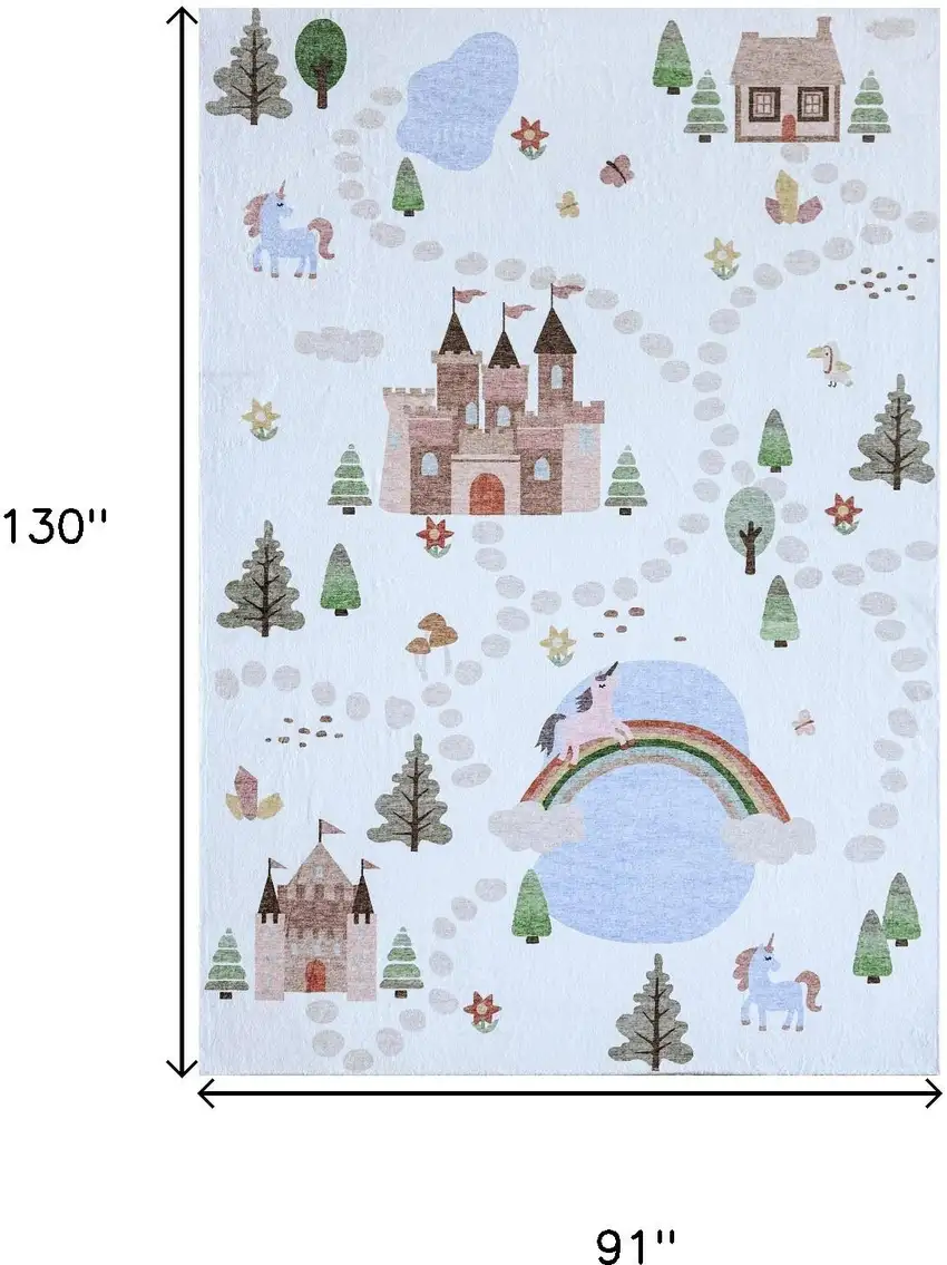 Off White Brown Green And Blue Castle and Rainbow Youthful Area Rug Photo 7