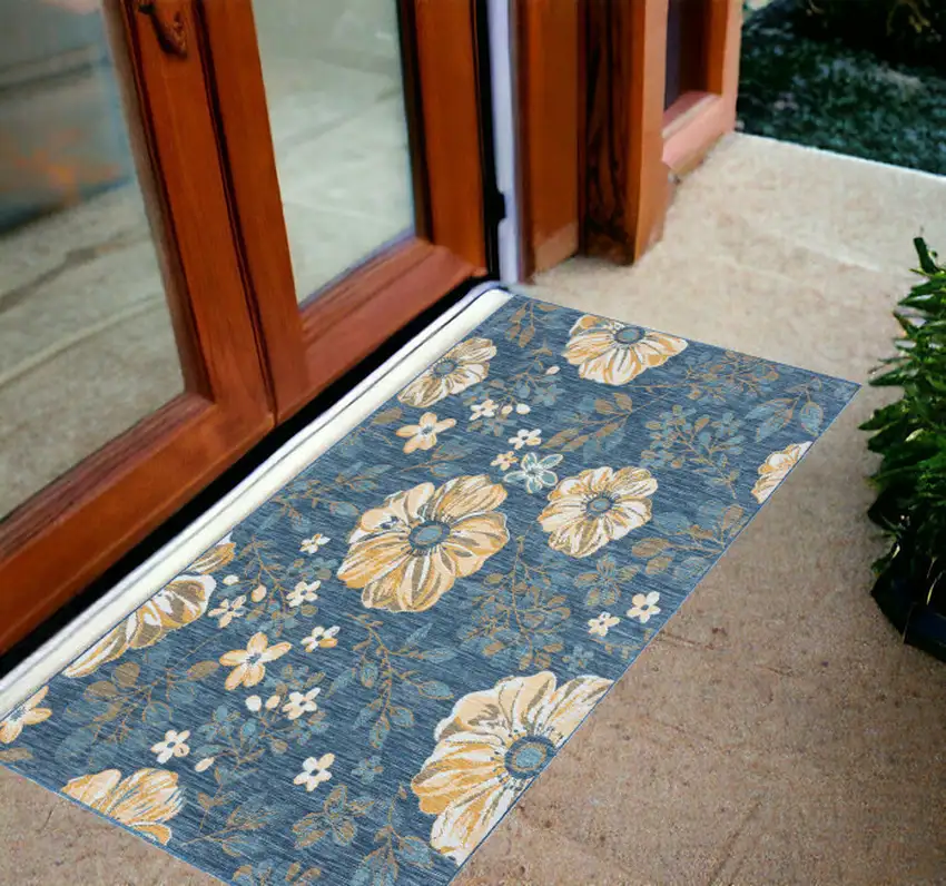 Blue White and Yellow Floral Stain Resistant Indoor Outdoor Area Rug Photo 1