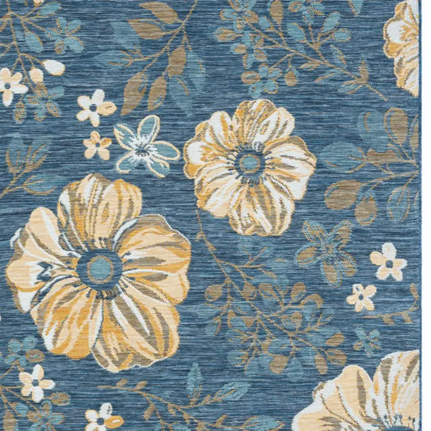 Blue White and Yellow Floral Stain Resistant Indoor Outdoor Area Rug Photo 6