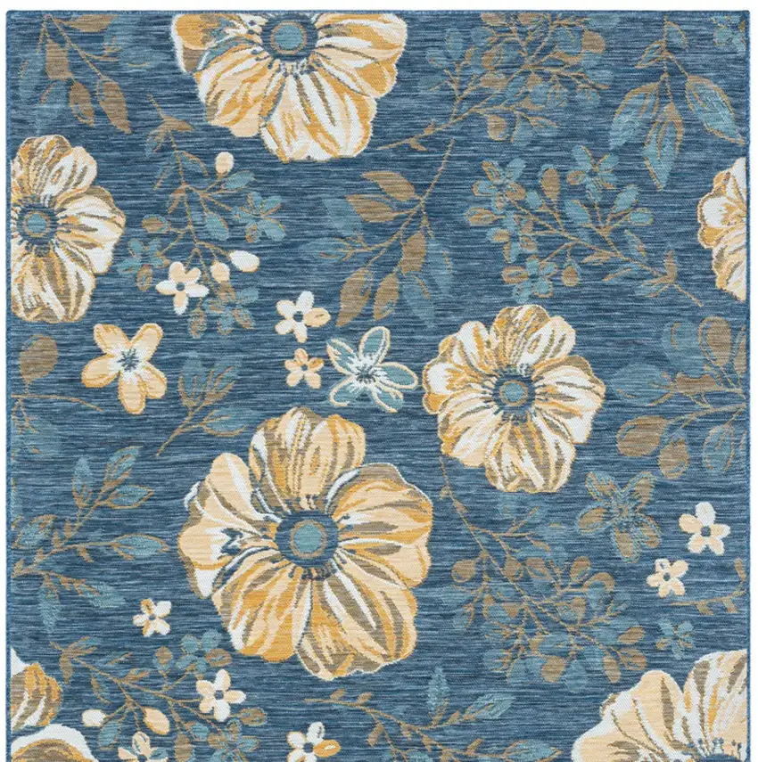 Blue White and Yellow Floral Stain Resistant Indoor Outdoor Area Rug Photo 8