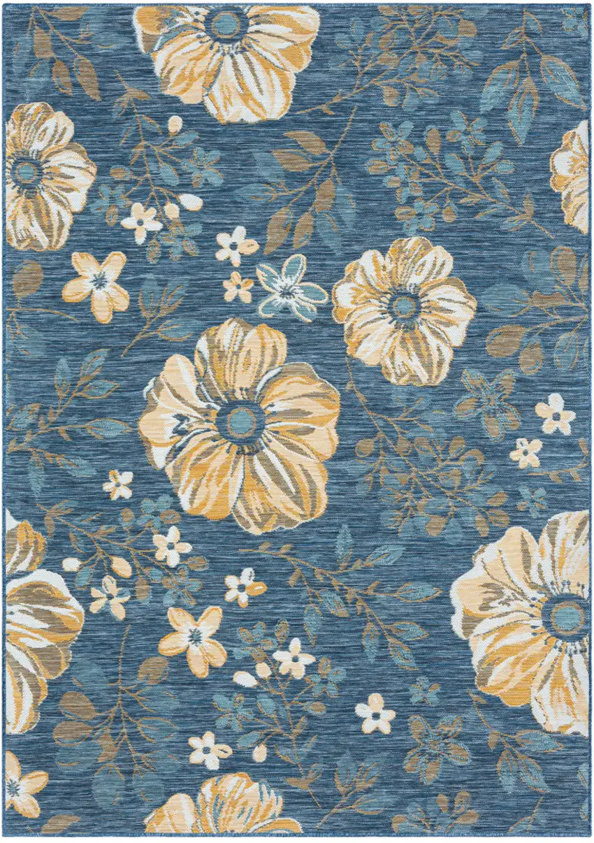 Blue White and Yellow Floral Stain Resistant Indoor Outdoor Area Rug Photo 2
