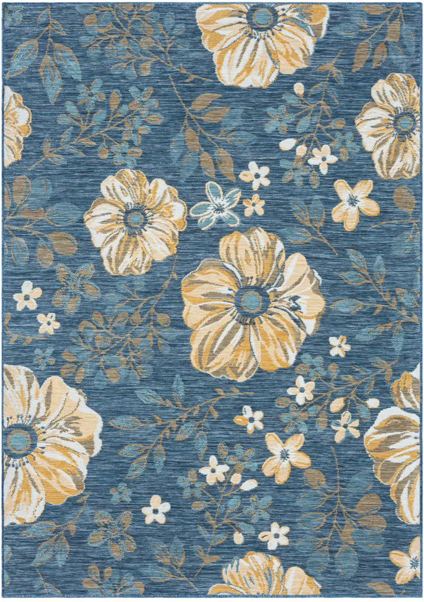 Blue White and Yellow Floral Stain Resistant Indoor Outdoor Area Rug Photo 8