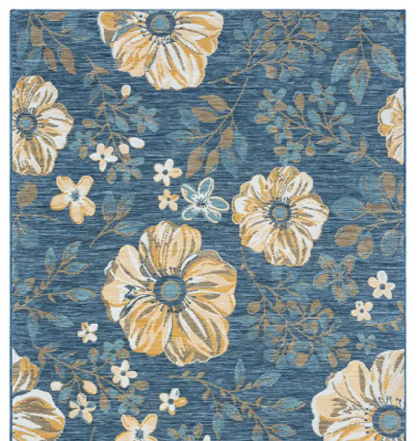 Blue White and Yellow Floral Stain Resistant Indoor Outdoor Runner Rug Photo 8