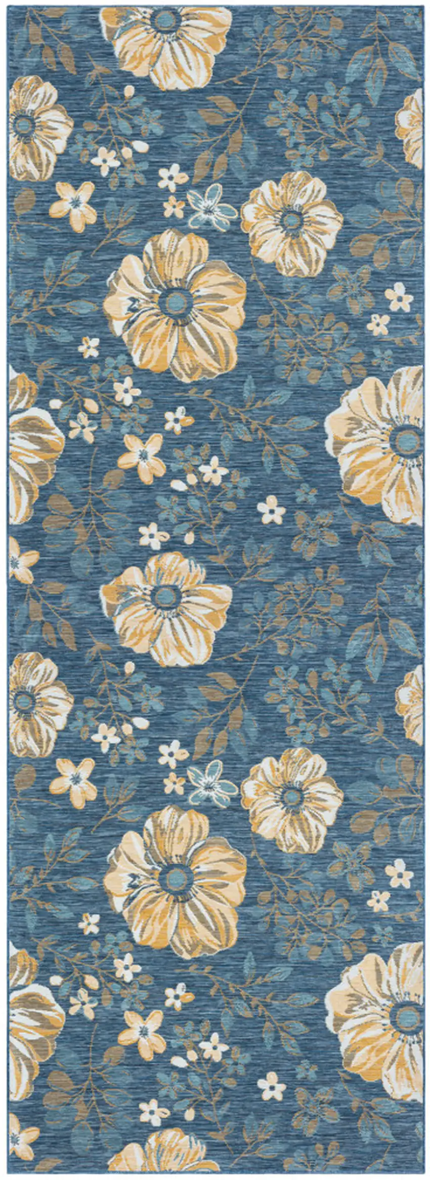 Blue White and Yellow Floral Stain Resistant Indoor Outdoor Runner Rug Photo 2