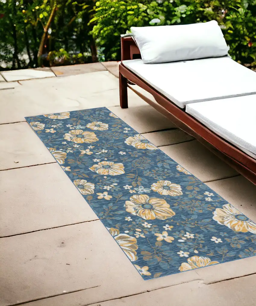 Blue White and Yellow Floral Stain Resistant Indoor Outdoor Runner Rug Photo 1