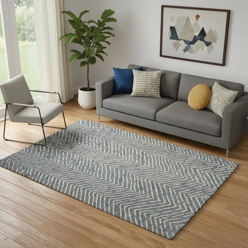 Blue Wool Chevron Area Rug Photo 1