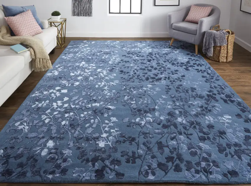 Blue Wool Floral Tufted Handmade Area Rug Photo 4