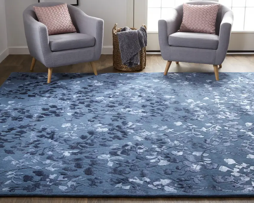 Blue Wool Floral Tufted Handmade Area Rug Photo 6