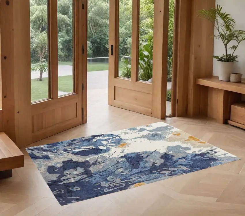 Blue Wool Floral Hand Tufted Area Rug Photo 1