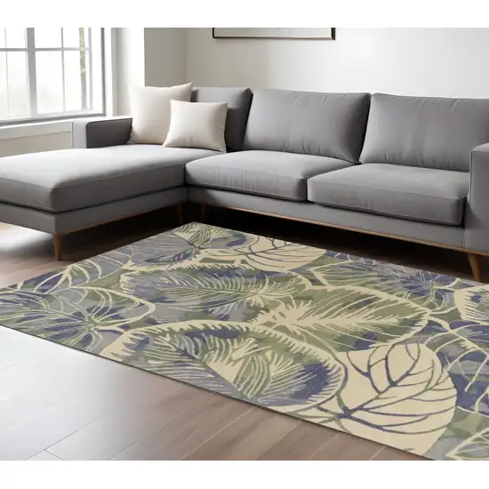 Blue Green And Beige Wool Tropical Botanical Hand Tufted Area Rug Photo 1