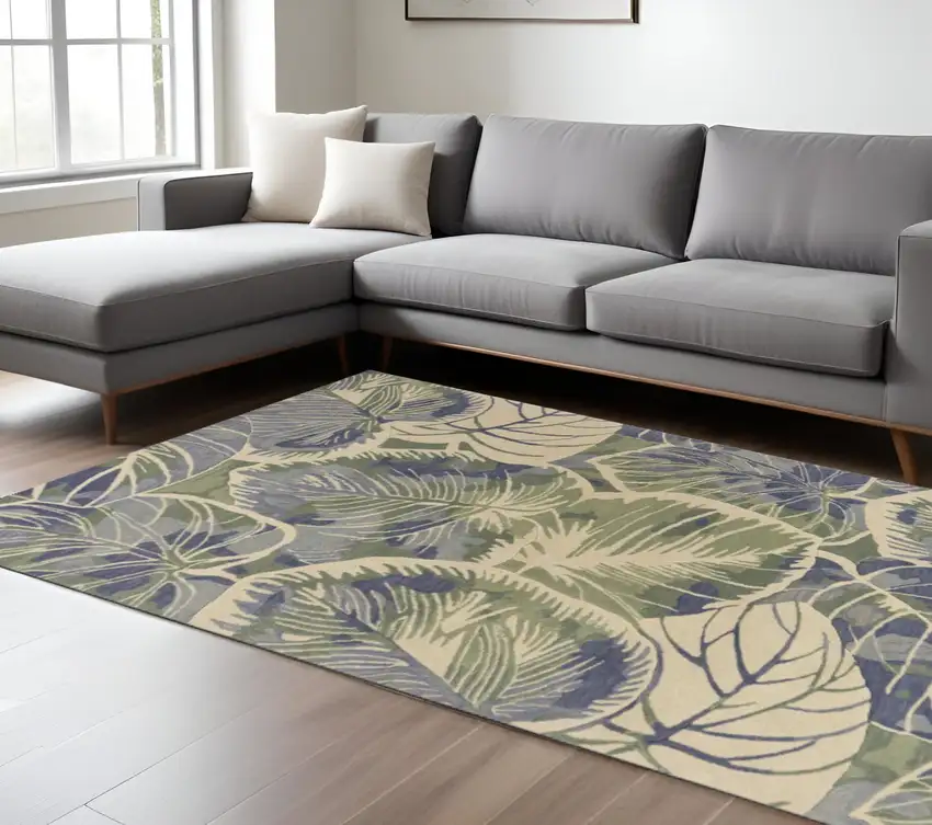Blue Green And Beige Wool Tropical Botanical Hand Tufted Area Rug Photo 1